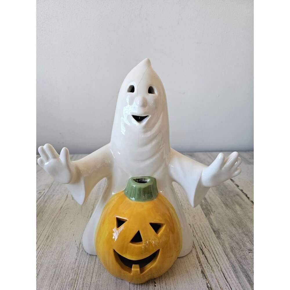 Vintage ceramic ghost pumpkin 10" light up Halloween decor centerpiece statue fi
